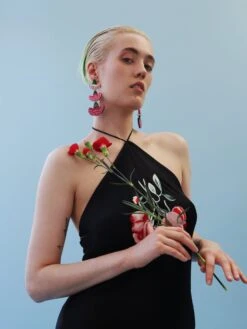 Wolf & Moon Carnation Statement Earrings In Pink/Red -Wolf & Moon carnation statement earrings pinkred model 3