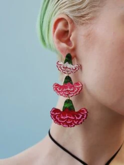 Wolf & Moon Carnation Statement Earrings In Pink/Red -Wolf & Moon carnation statement earrings pinkred model 5