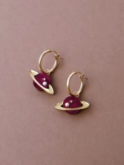 Wolf & Moon Saturn Hoops In Cherry