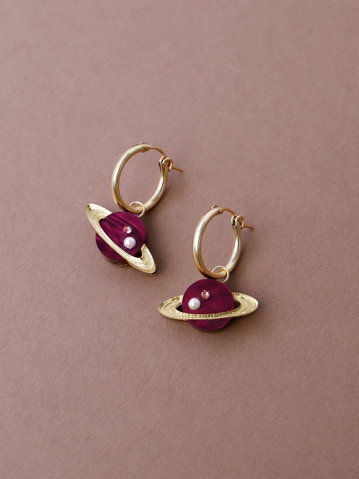 Wolf & Moon Saturn Hoops In Cherry 3 Wolf & Moon Saturn Hoops In Cherry