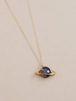 Wolf & Moon Saturn Necklace In Midnight